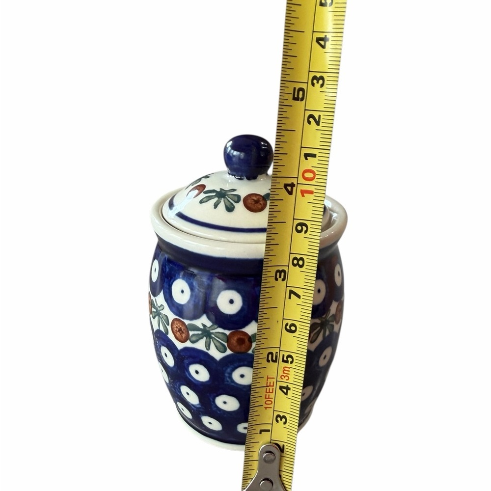 Polish Pottery Mini Ginger Jar Handcrafted Blue Ceramic Jar with Lid Floral 4.5” - Picture 5 of 6